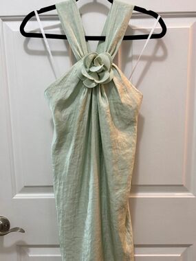 Alexia Admor Light Sage Satin Dress with Gold Logo Detail